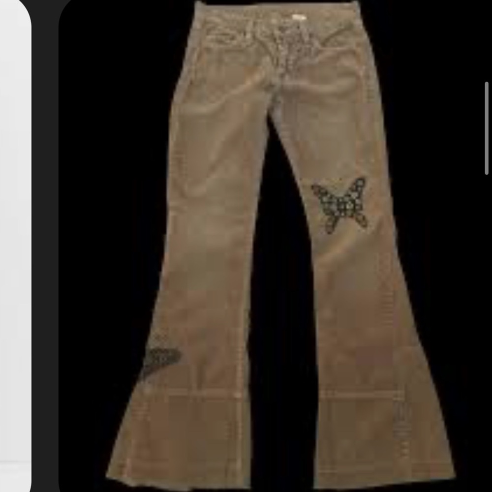 ISO LaRok Tan Corduroy Flare Pants with Butterfly Detail Y2K DO NOT BUY